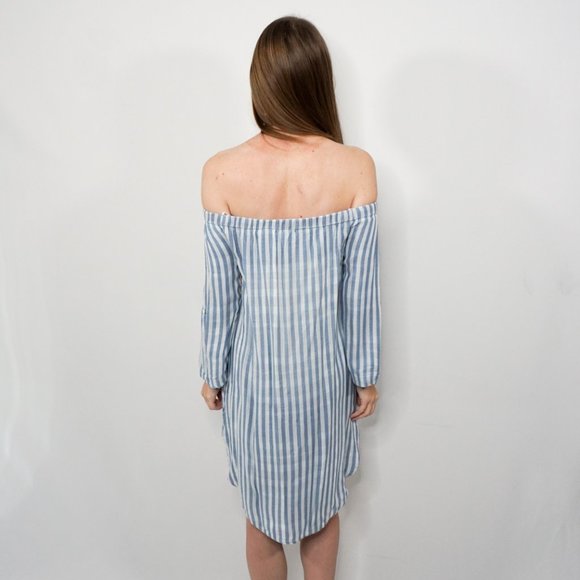 BELLA DAHL Blue Striped Off-Shoulder Dress NWT - Picture 4 of 7